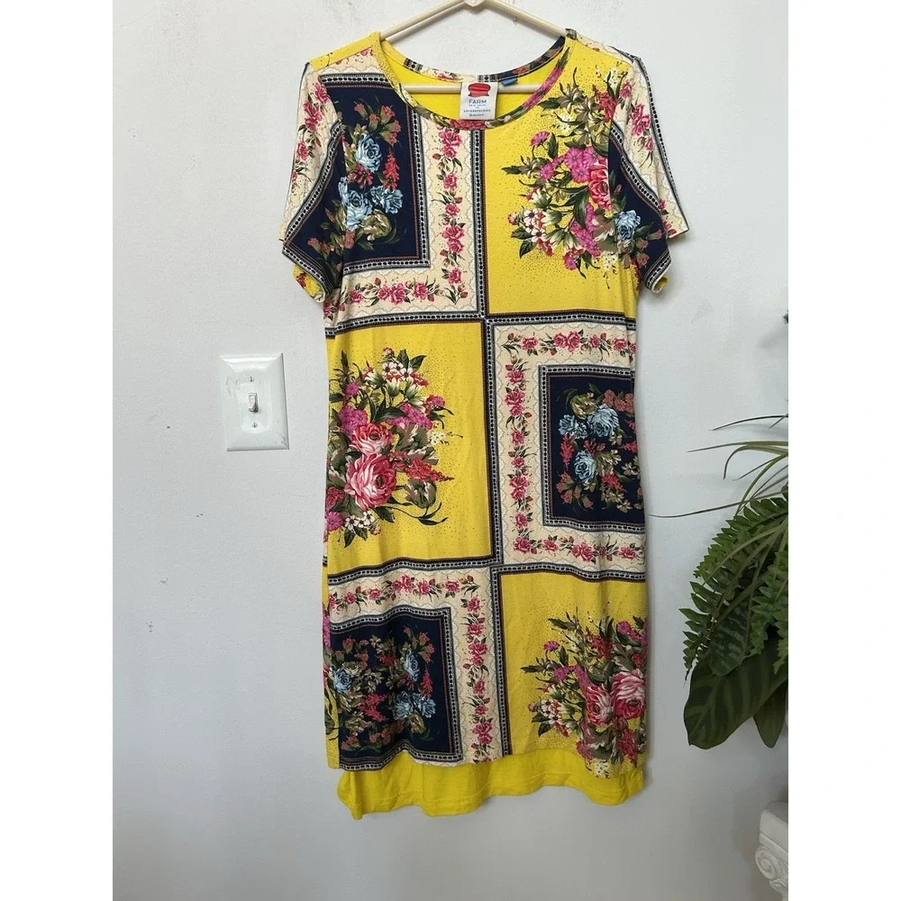 Farm Rio Anthropologie Floral Shift Dress Yellow‎ Patchwork Multi Mini Boho Sz M